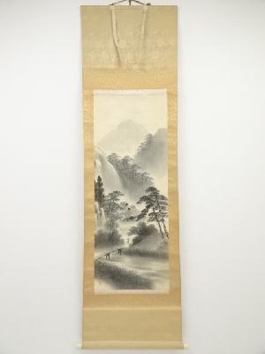 渓仙筆　水墨山水　肉筆絹本掛軸（共箱）